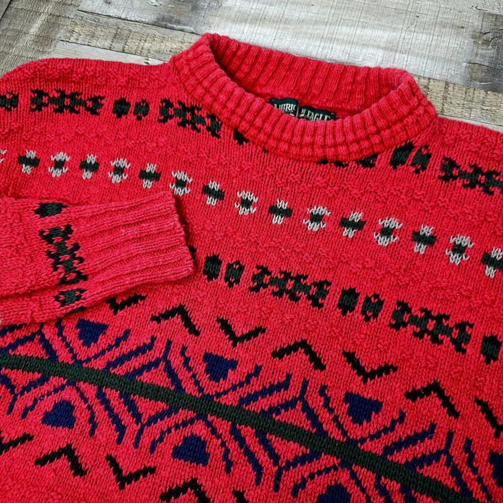 American Eagle Sweater Size XL Men Red Vintage Made USA Crewneck Fair Isle Thick